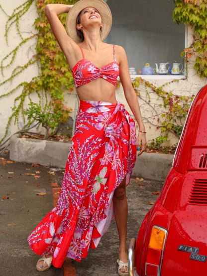Floral Red Bikini Top and Bottom Set