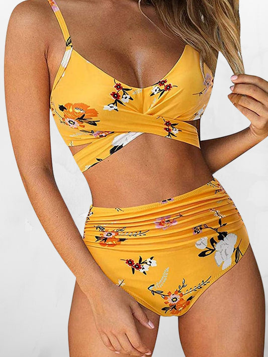 Yellow Floral High-Waisted Bikini Set