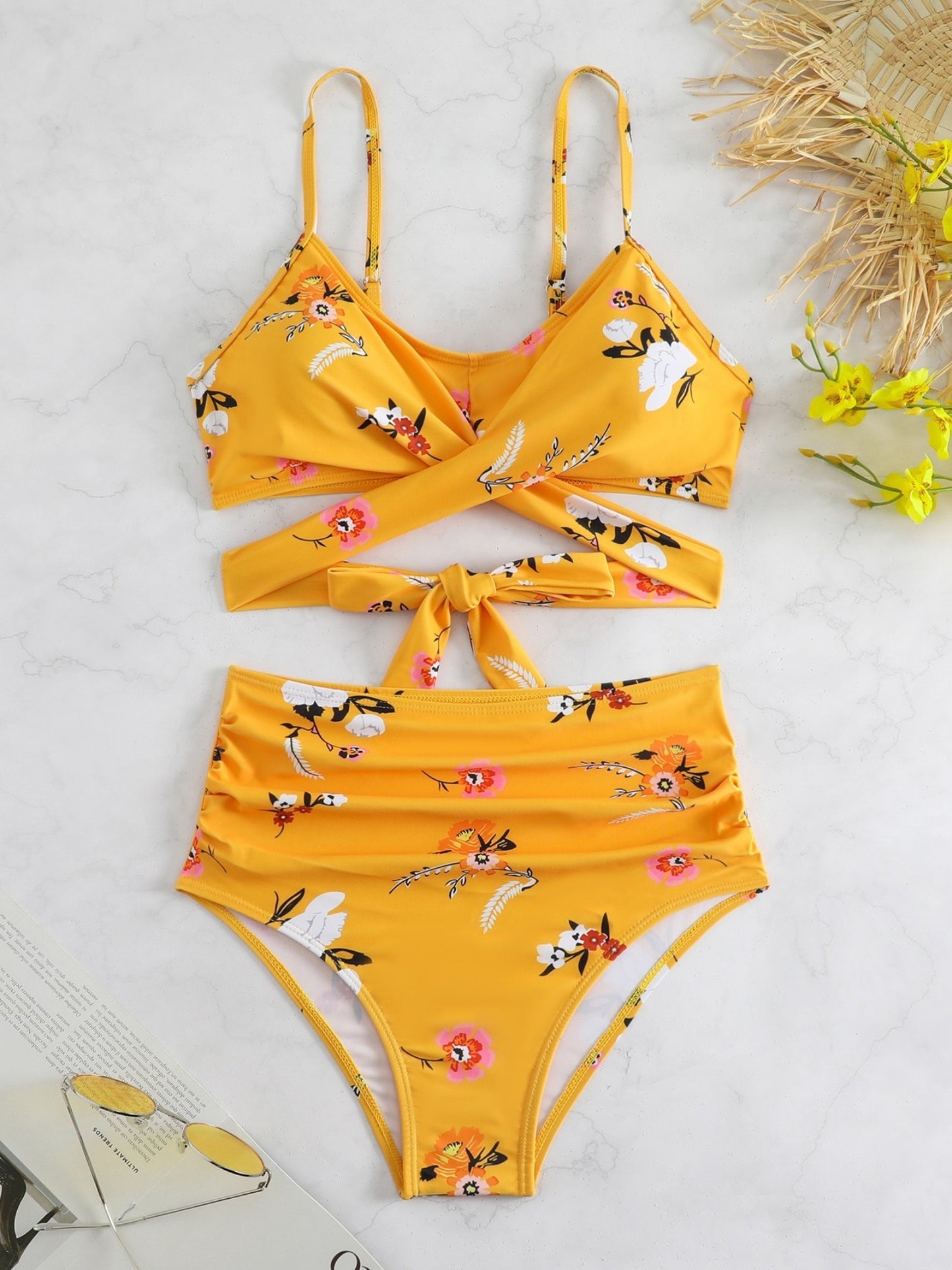 Yellow Floral High-Waisted Bikini Set