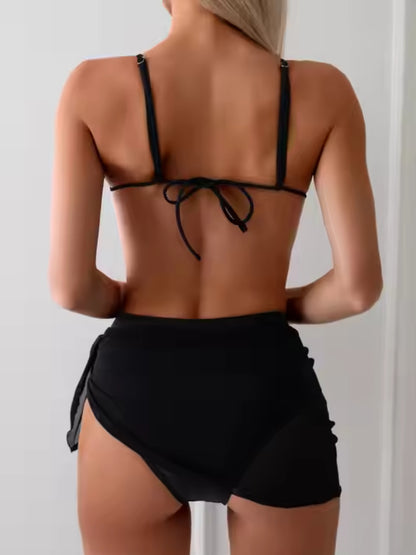 Minimalist Black Bikini with Sheer Sarong Skirt