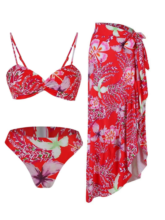 Red Floral Print Bikini Set for Women