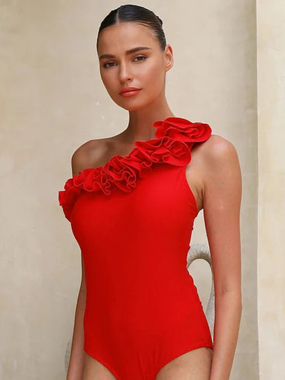 Elegant Red Ruffle One-Shoulder Monokini