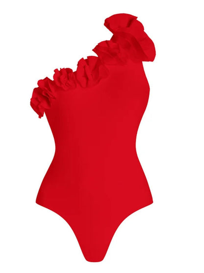 Elegant Red Ruffle One-Shoulder Monokini