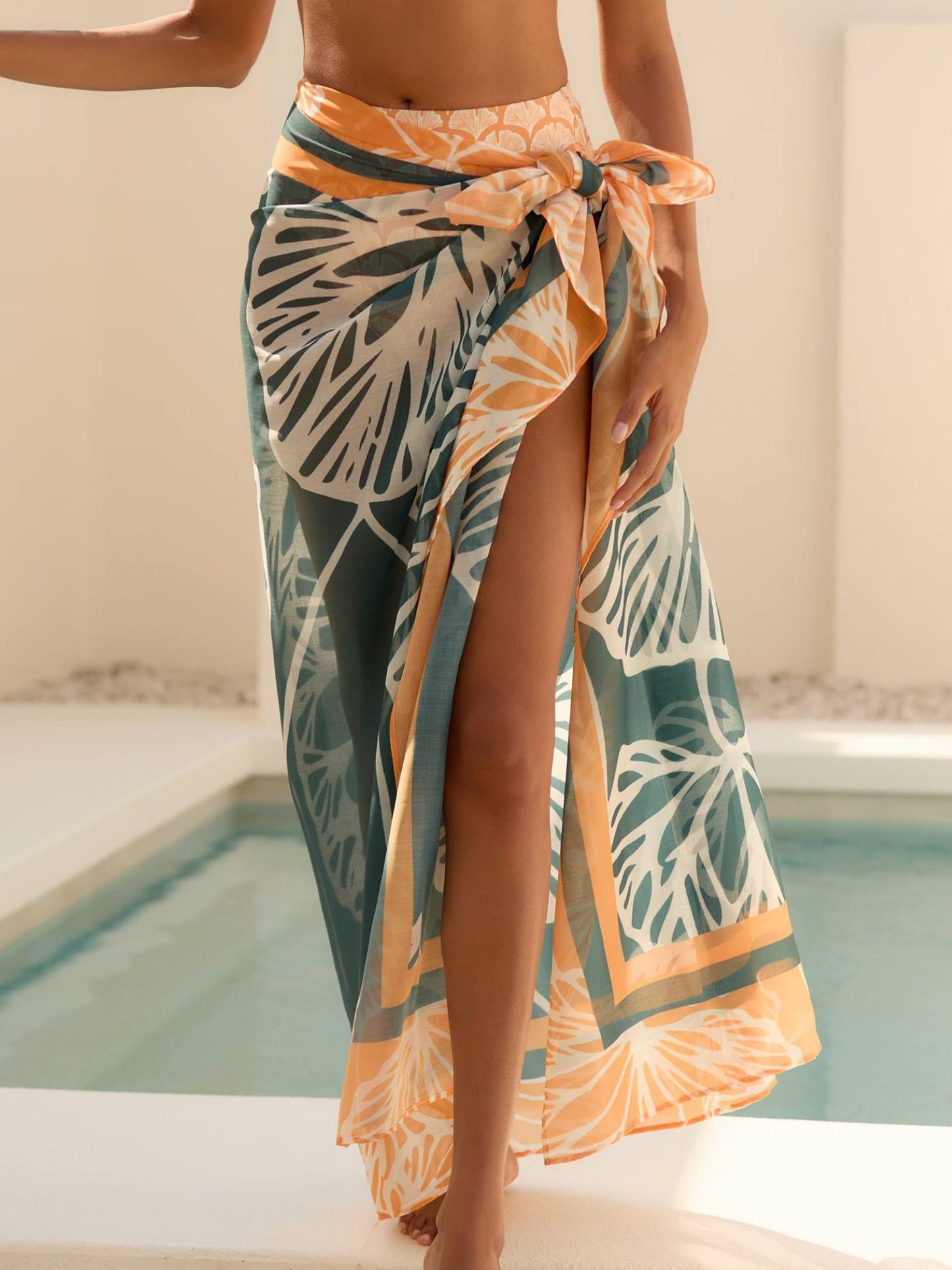 Sunset Bloom Scoop-Neck Bikini Set With Tropical Sarong