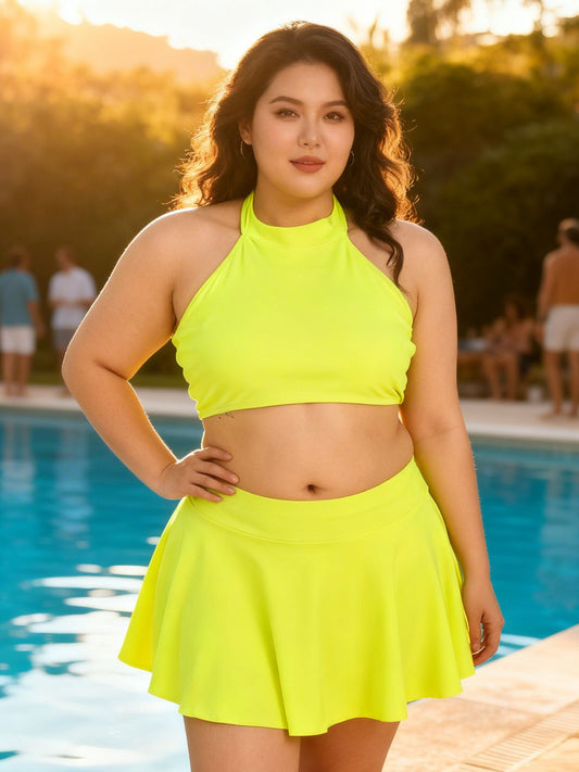Neon Yellow Halter Bikini & Skirt Set