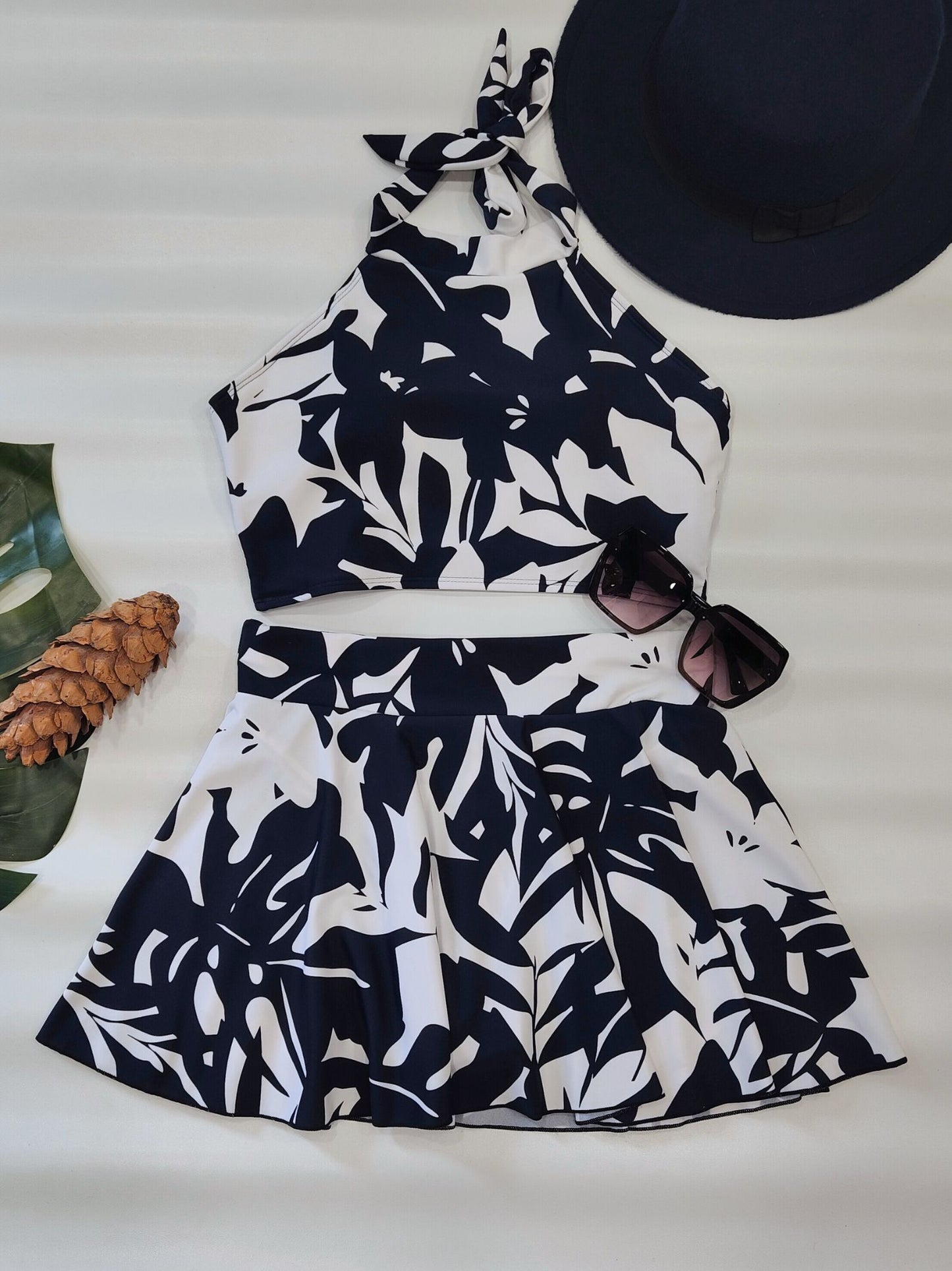 Midnight Blue Monstera Halterkini Set