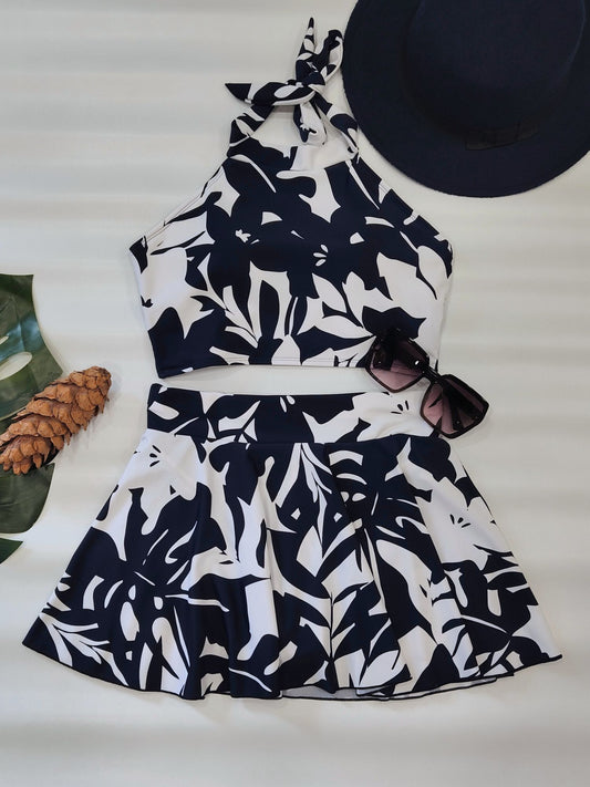 Midnight Blue Monstera Halterkini Set