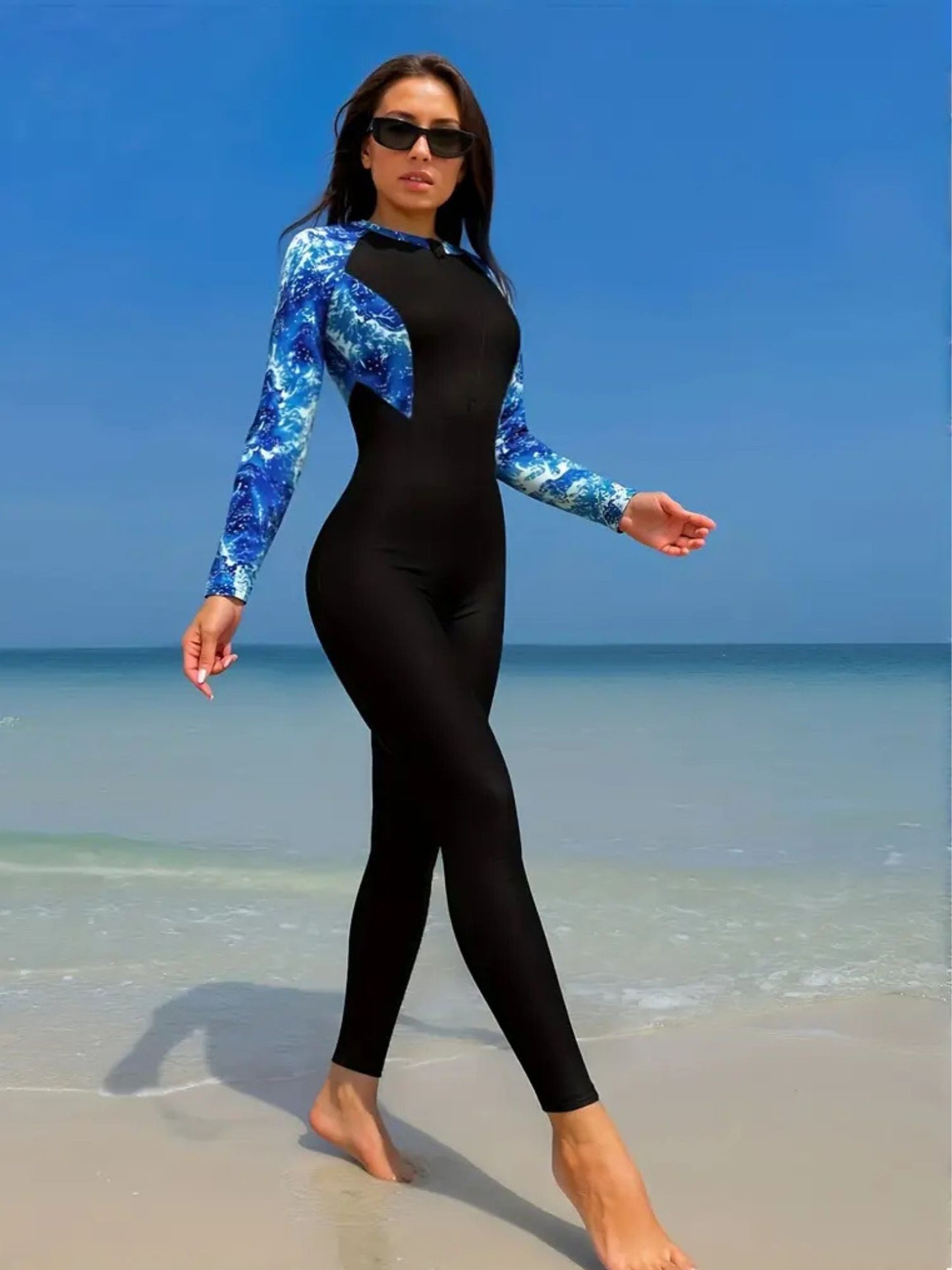 Full Body Black & Blue Printed Rash Guard Swimsuit