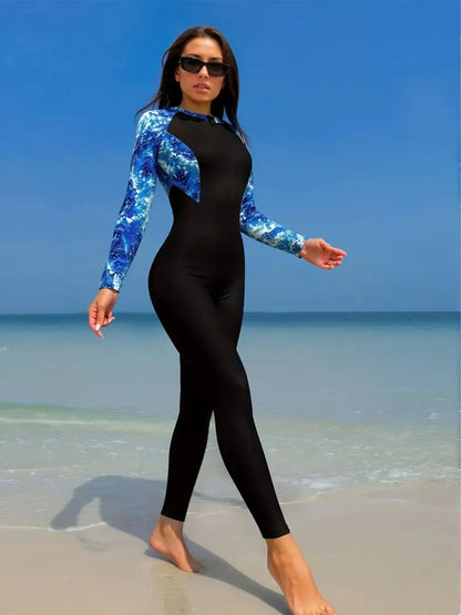 Full Body Black & Blue Printed Rash Guard Swimsuit