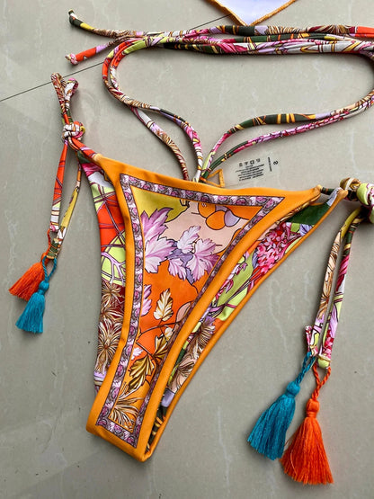 Boho Floral Scarf Bikini with Tassel Details