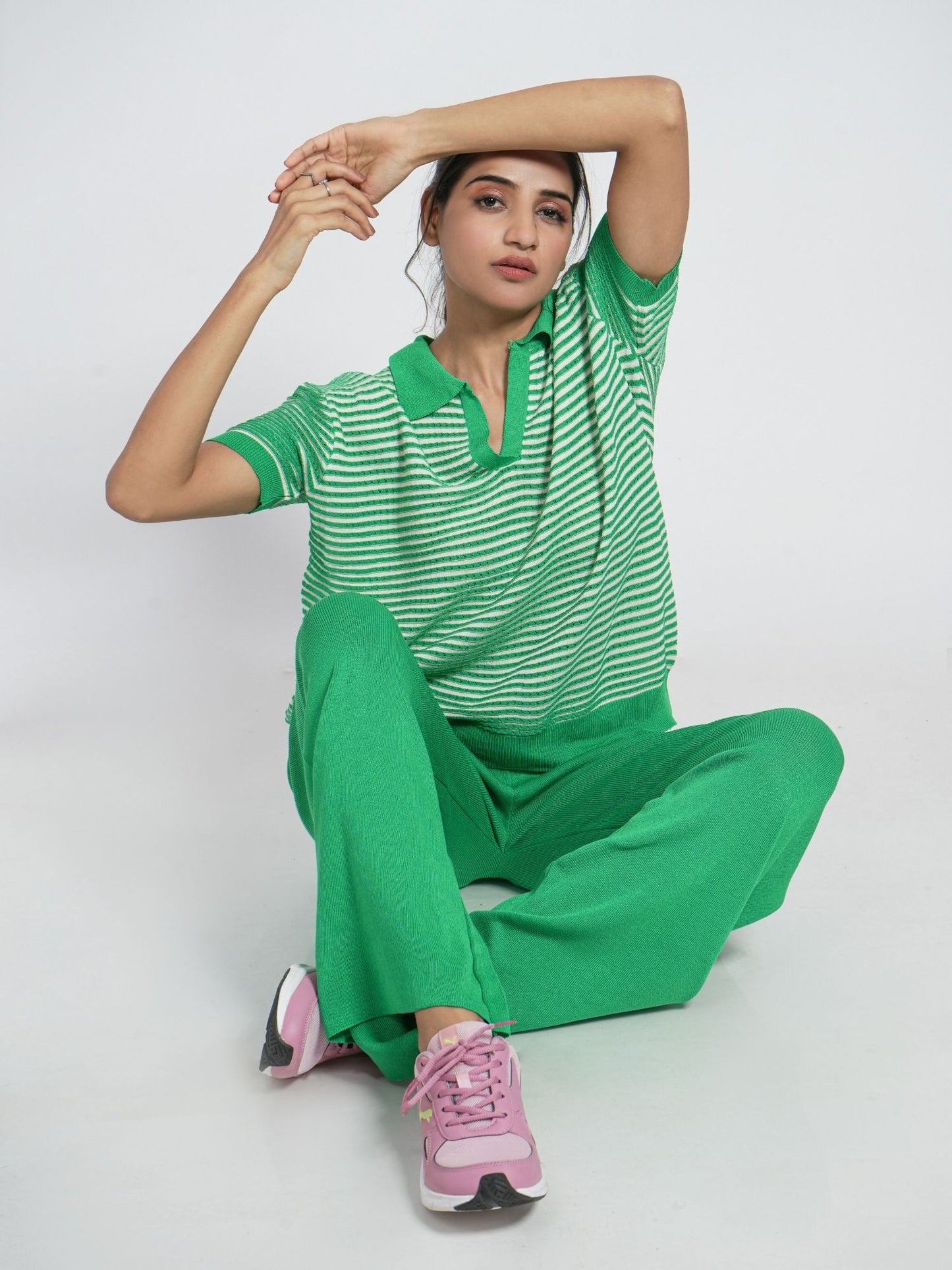 Green Striped Collar Loungewear Set