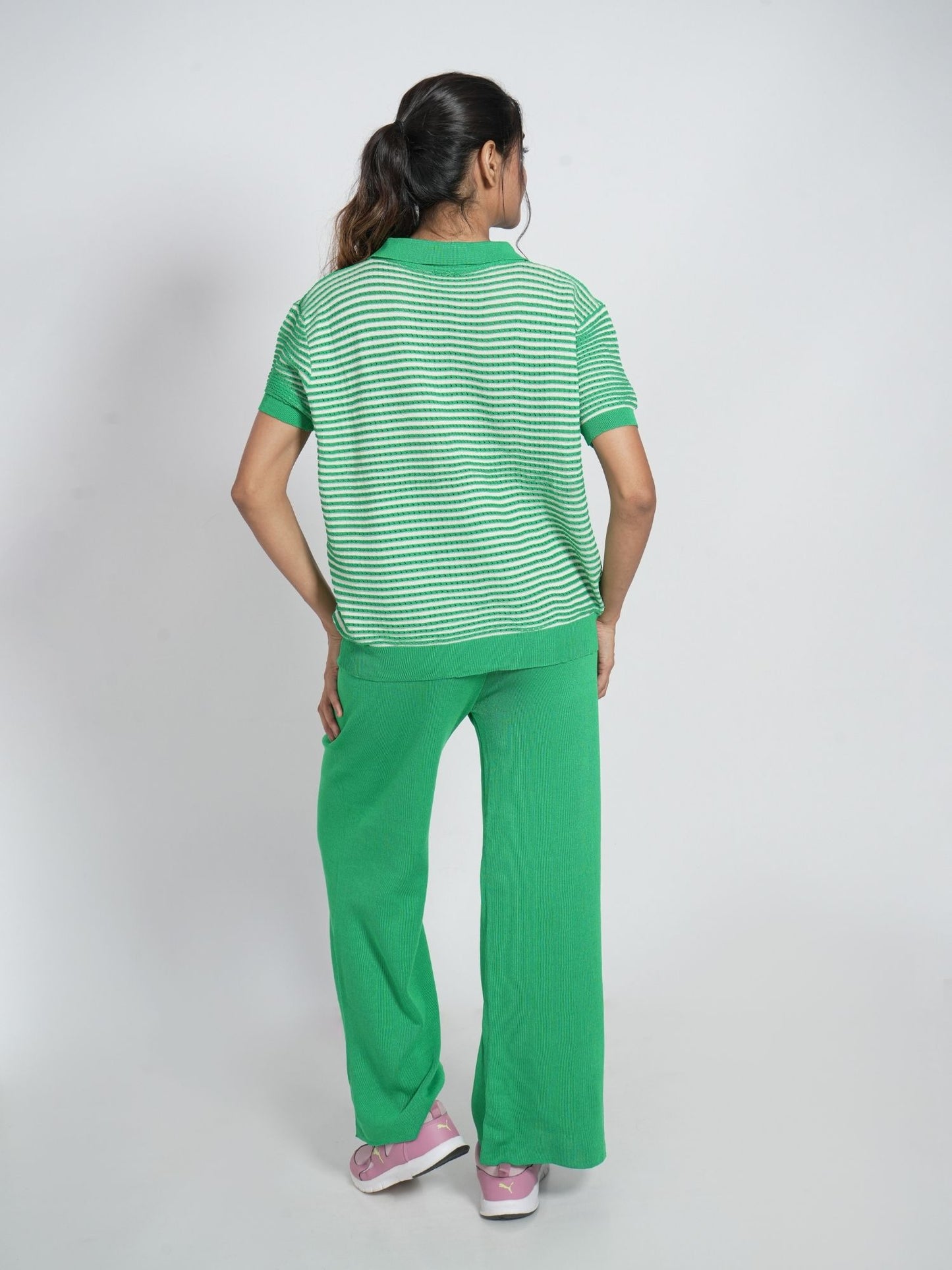 Green Striped Collar Loungewear Set