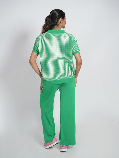 Green Striped Collar Loungewear Set