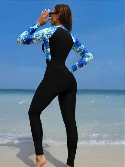Full Body Black & Blue Printed Rash Guard Swimsuit