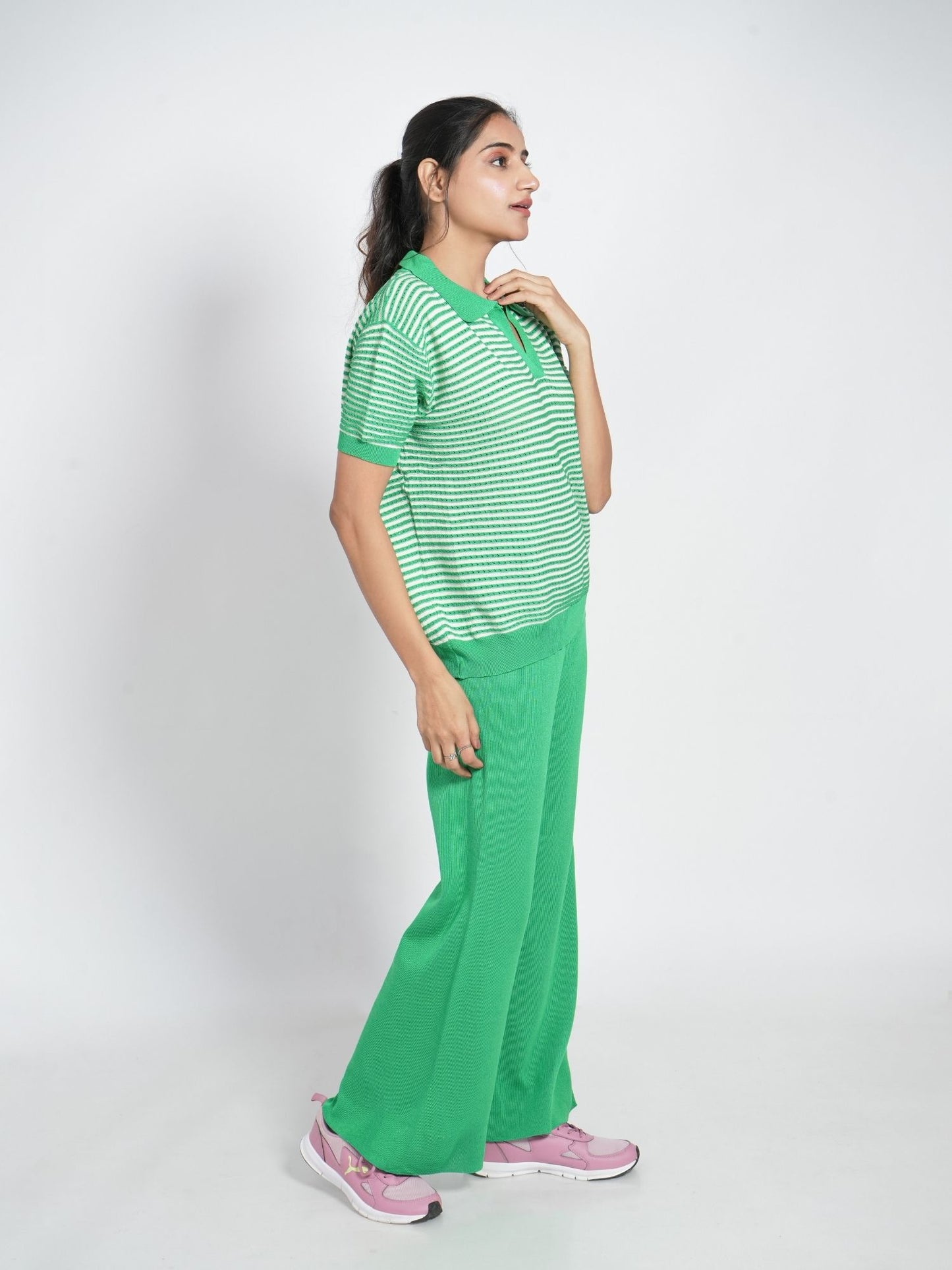 Green Striped Collar Loungewear Set