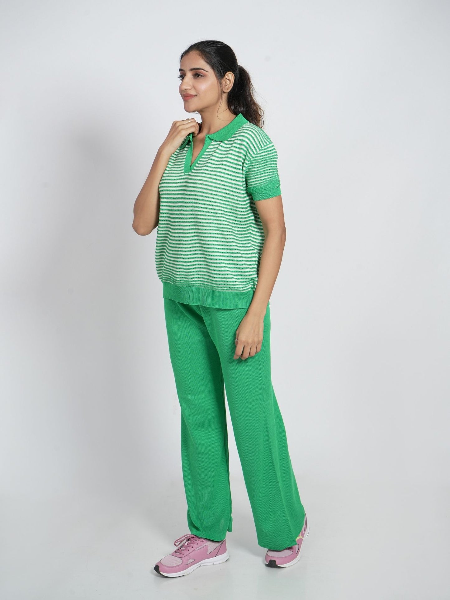 Green Striped Collar Loungewear Set