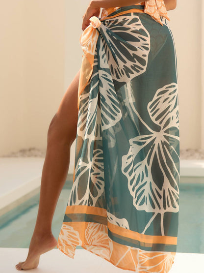 Sunset Bloom Scoop-Neck Bikini Set With Tropical Sarong