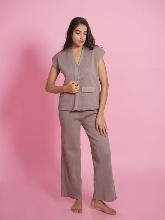 Brown V-Neck Loungewear Set