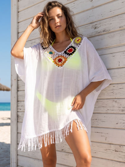 White Crochet Neck Beach Cover-Up Kaftan with Tassel Hem
