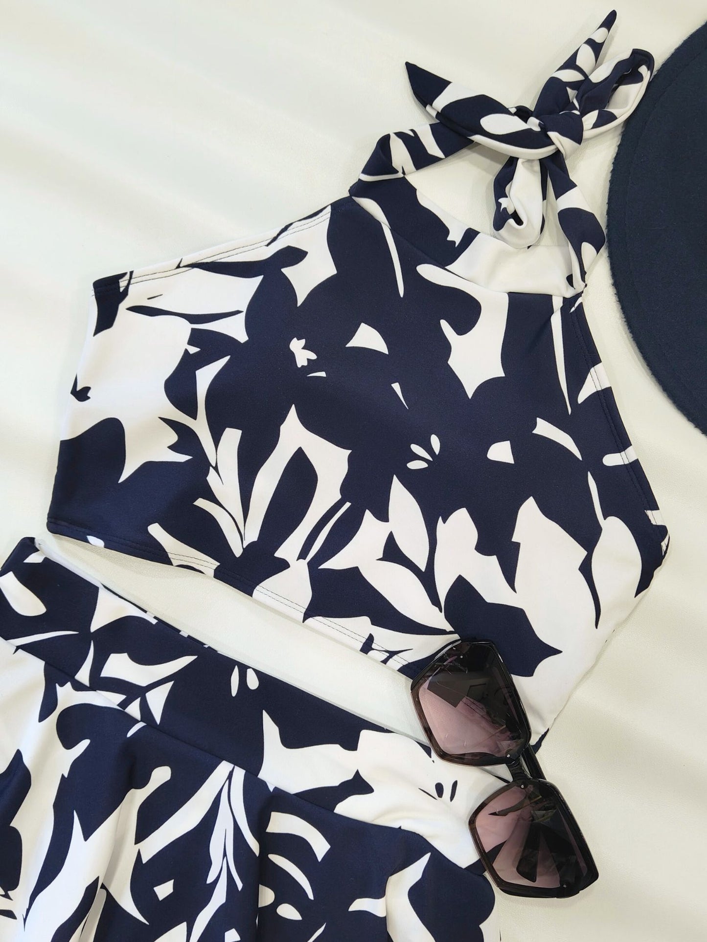 Midnight Blue Monstera Halterkini Set