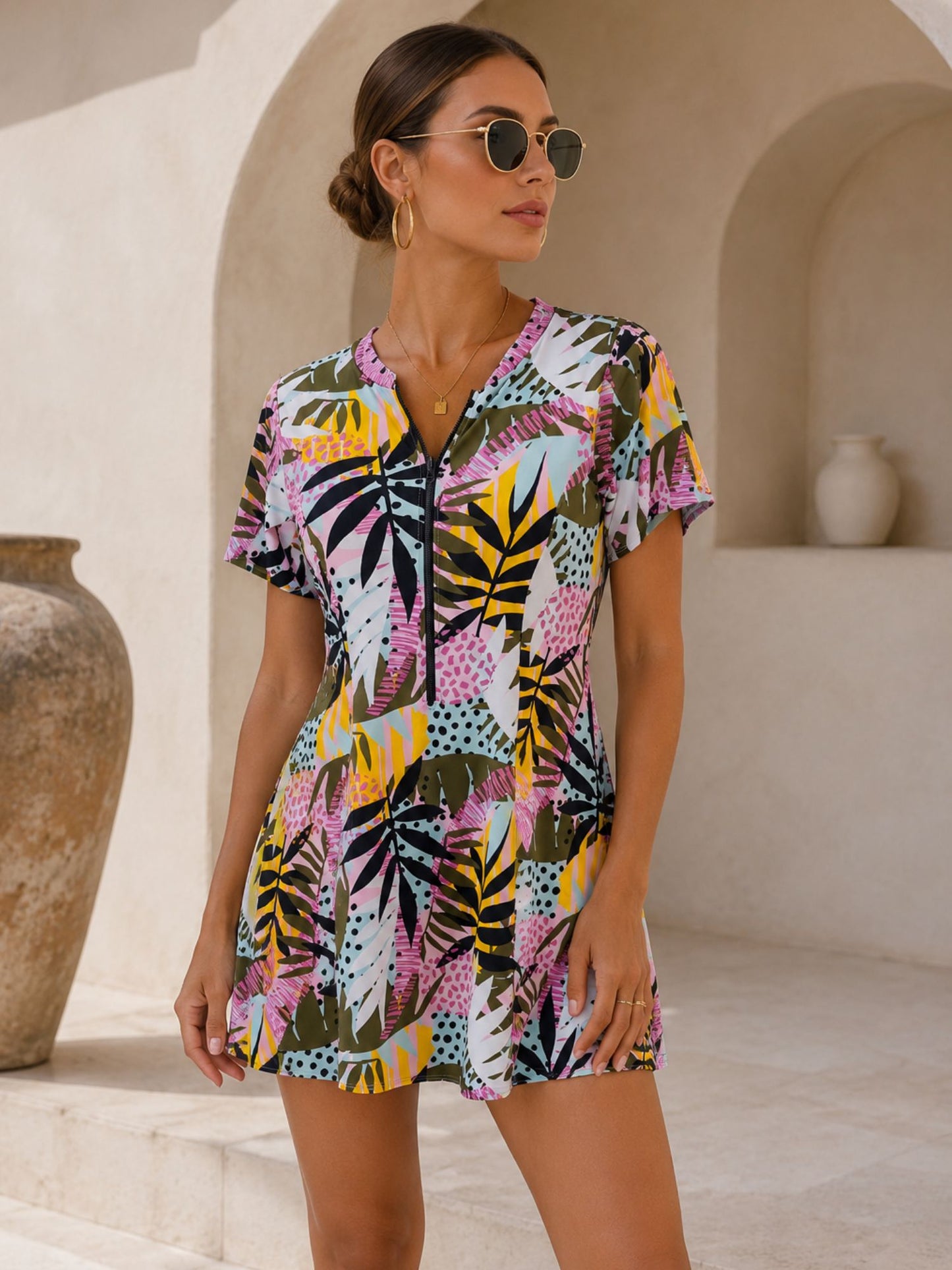 Women’s Tropical Print Zip-Front Swimdress