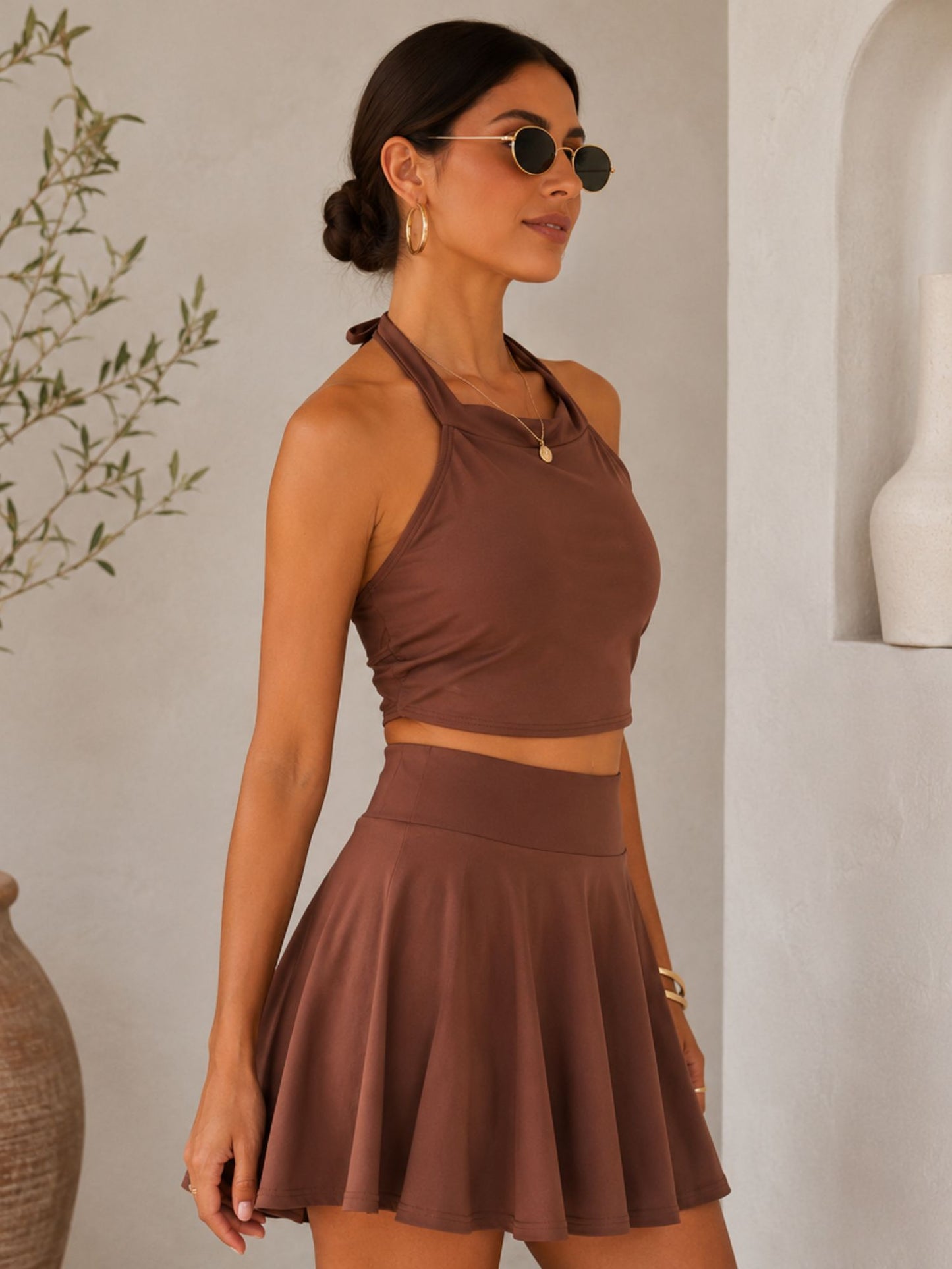 Earthy Mocha Halter Skirted Swimsuit Set