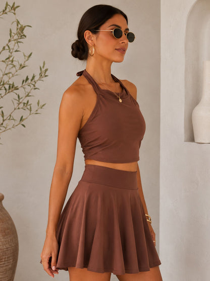 Earthy Mocha Halter Skirted Swimsuit Set