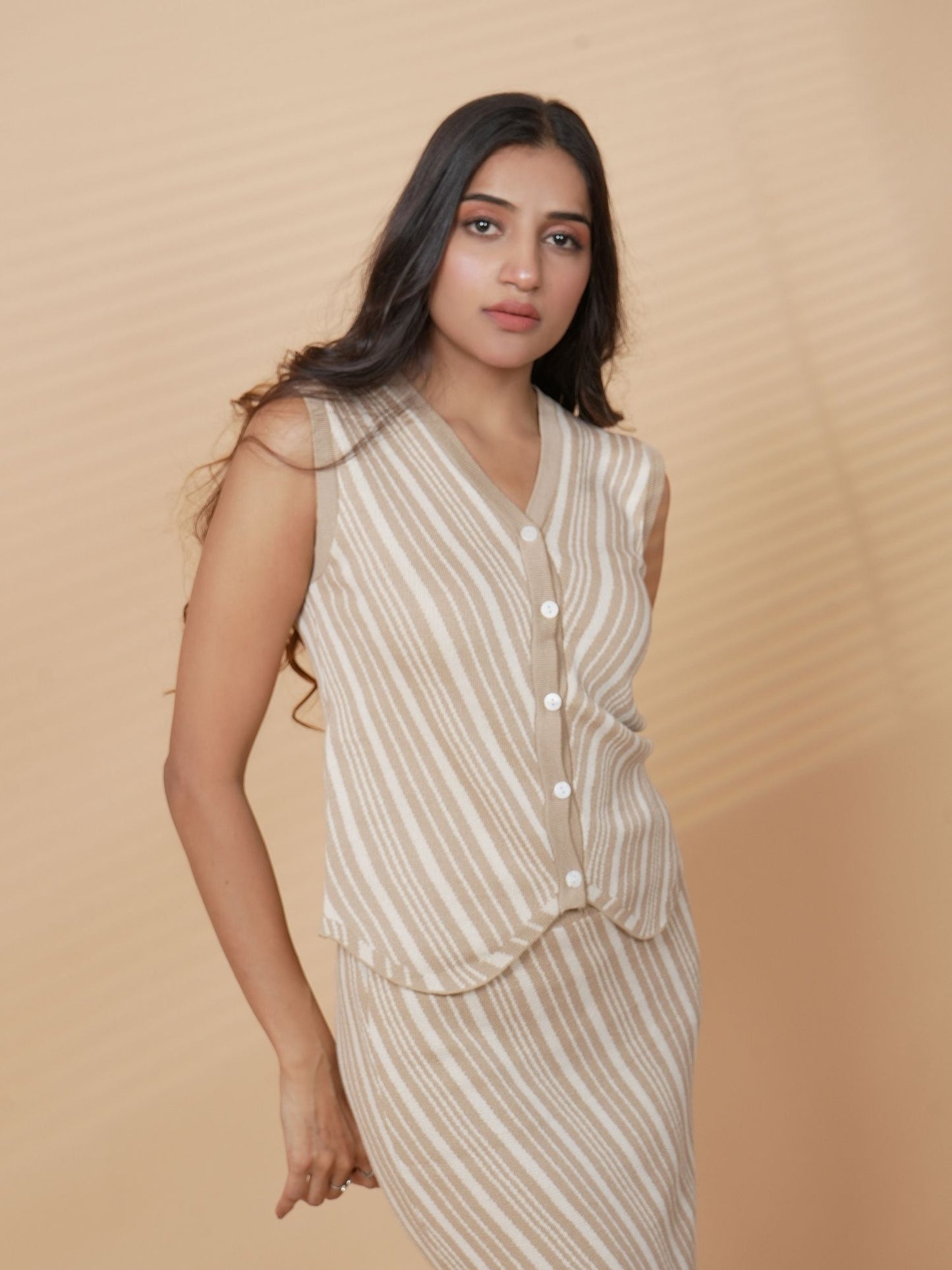 Beige V-Neck Button Loungewear Set