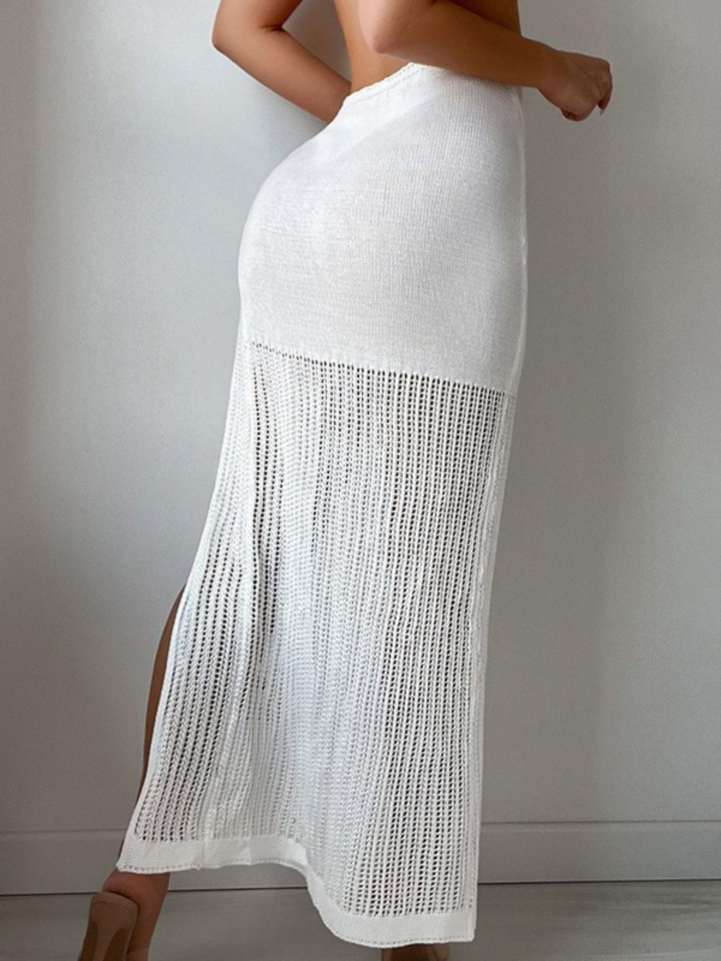 White Sheer Knit Maxi Skirt with High Slit - Beach Cover-Up