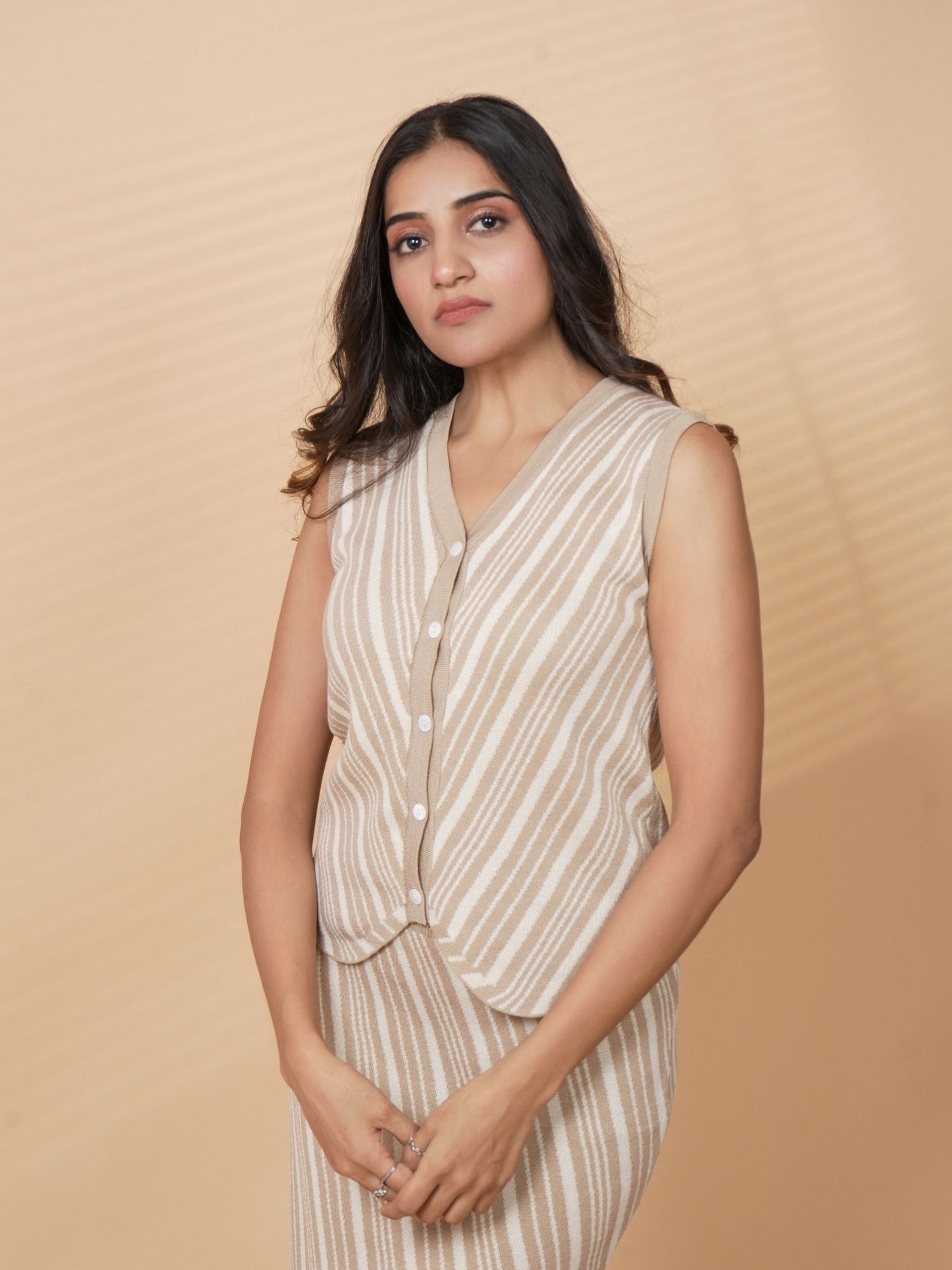 Beige V-Neck Button Loungewear Set