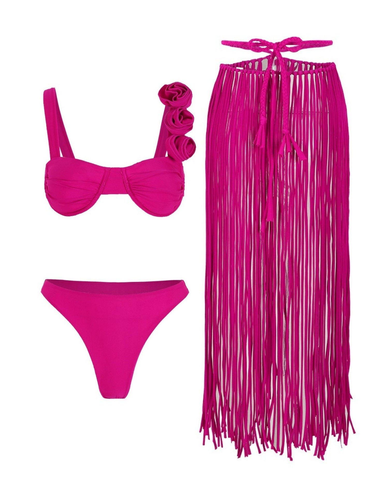 Hot Pink Chic Swimwear With Fringe Sarong Skirt