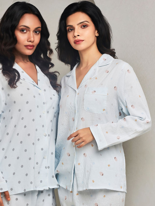 Blue Printed Shirt And Pant Loungewear Set