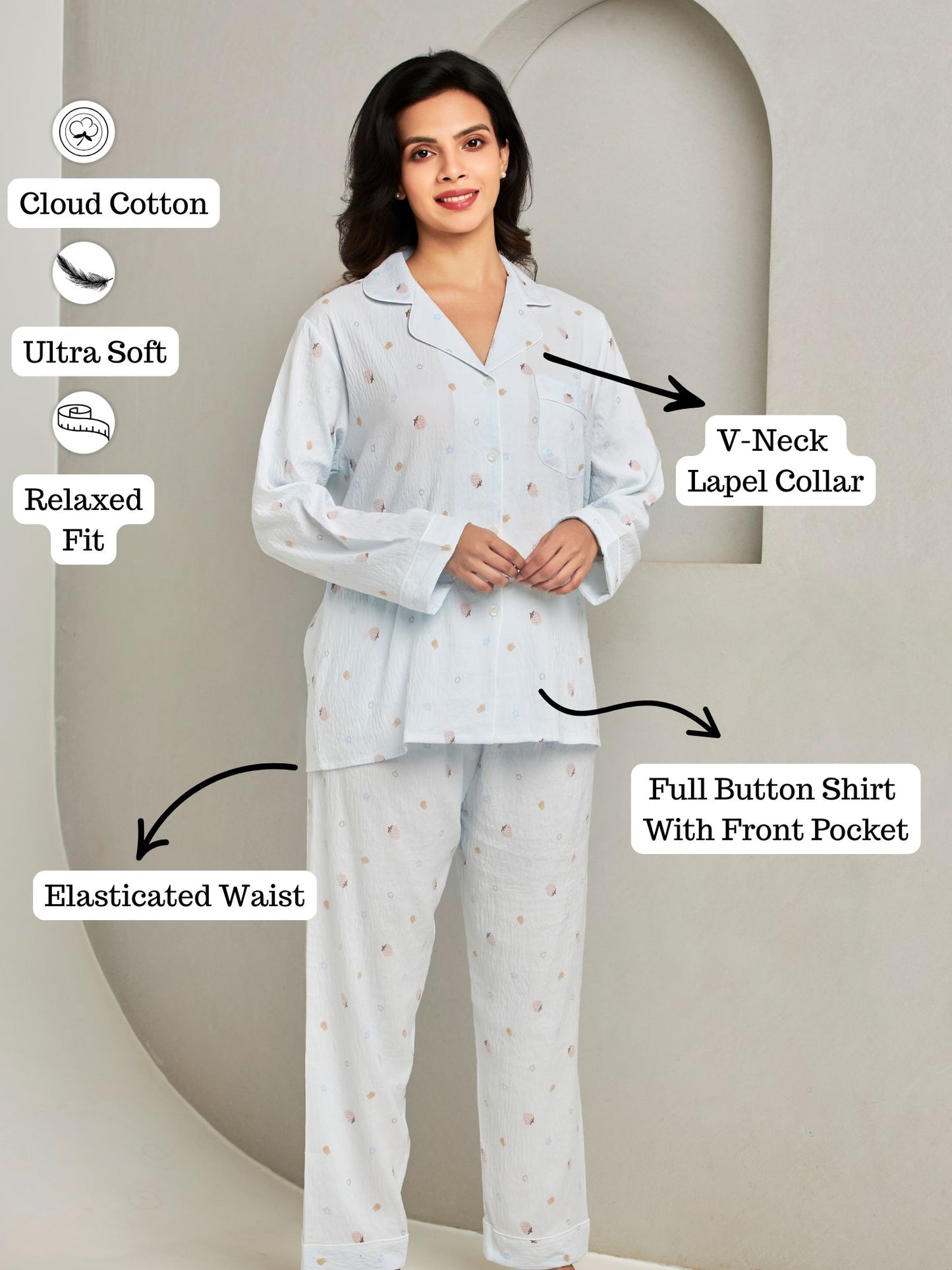 Blue Printed Shirt And Pant Loungewear Set
