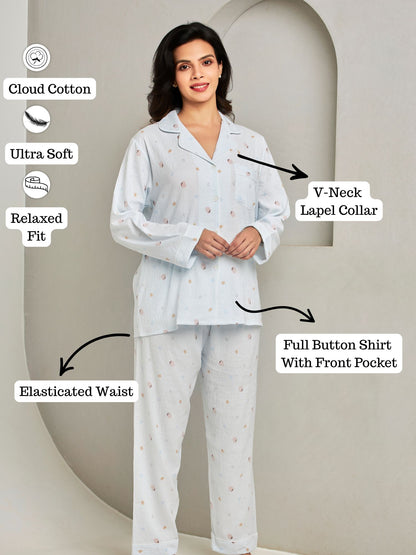 Blue Printed Shirt And Pant Loungewear Set