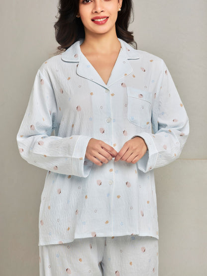 Blue Printed Shirt And Pant Loungewear Set
