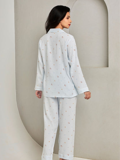 Blue Printed Shirt And Pant Loungewear Set