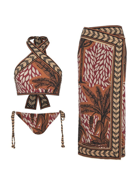 Tropical Print Halter Bikini Set with Matching Sarong