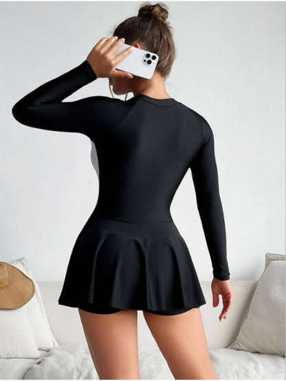 Long Sleeve Black & White Athletic Swimsuit