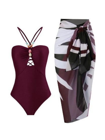 Burgandy Beaded Monokini Sarong Set