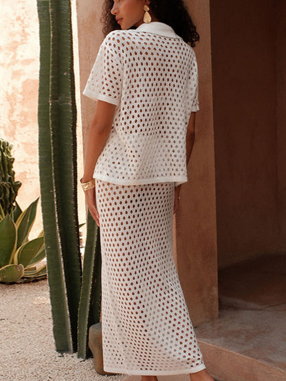White Crochet Knit Button-Up Shirt & Maxi Skirt Set