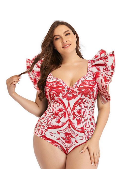 Red Printed One Piece Swimsuit