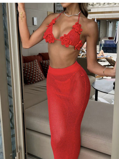 Red Crochet Rose Halter Bikini Top & Maxi Skirt Set