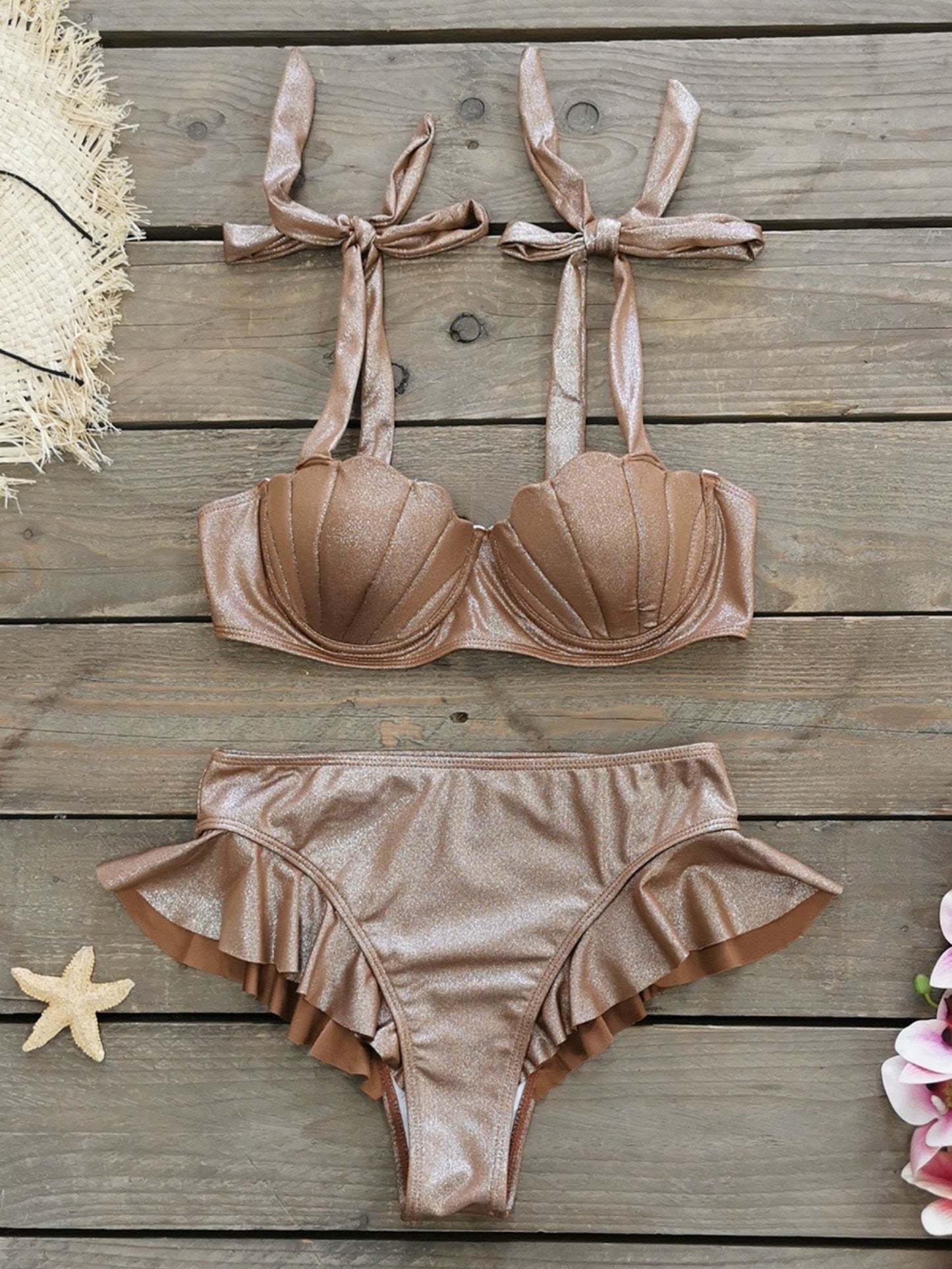 Brown Strappy Top and Ruffled Bikini Bottom