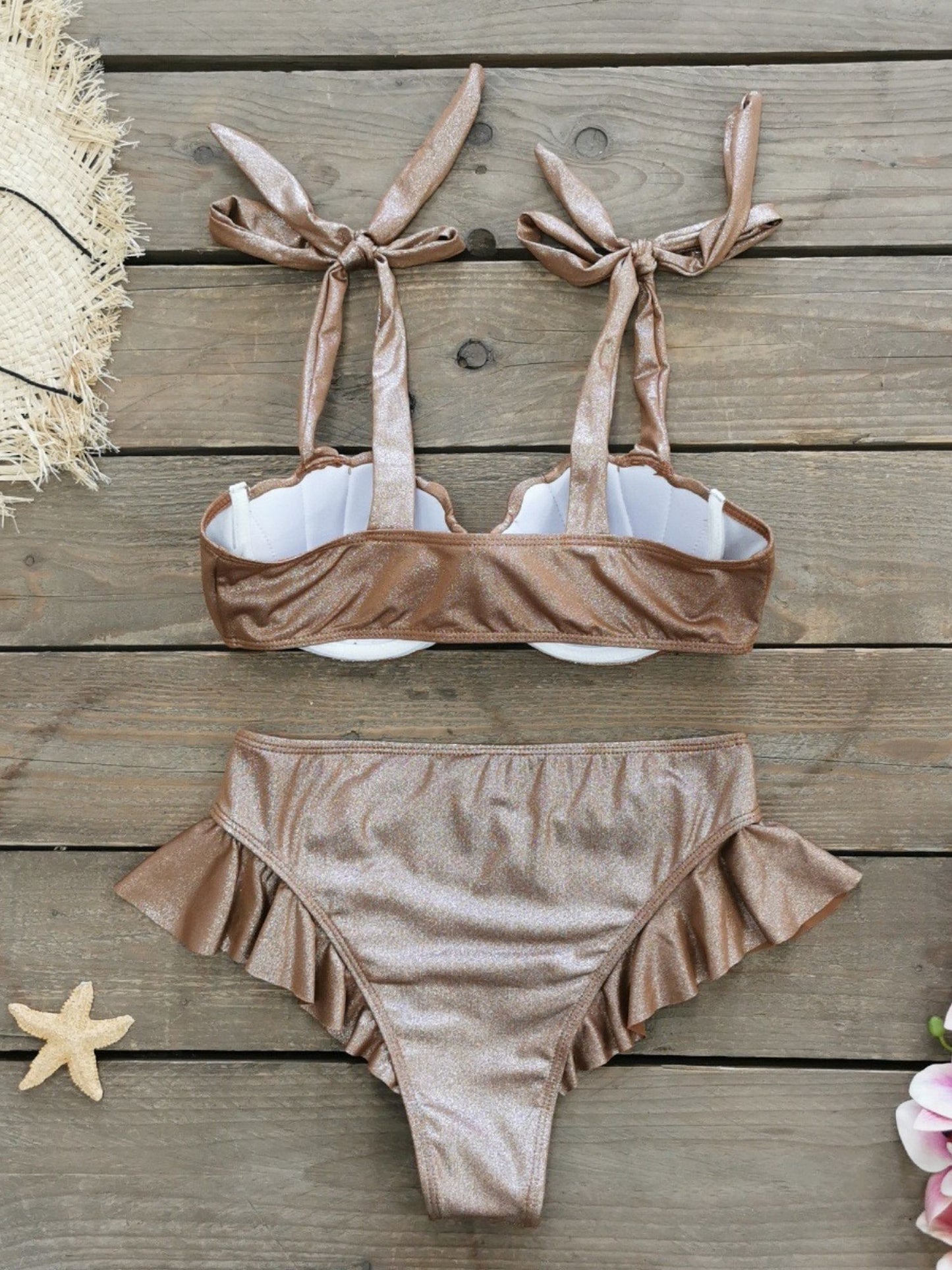 Brown Strappy Top and Ruffled Bikini Bottom