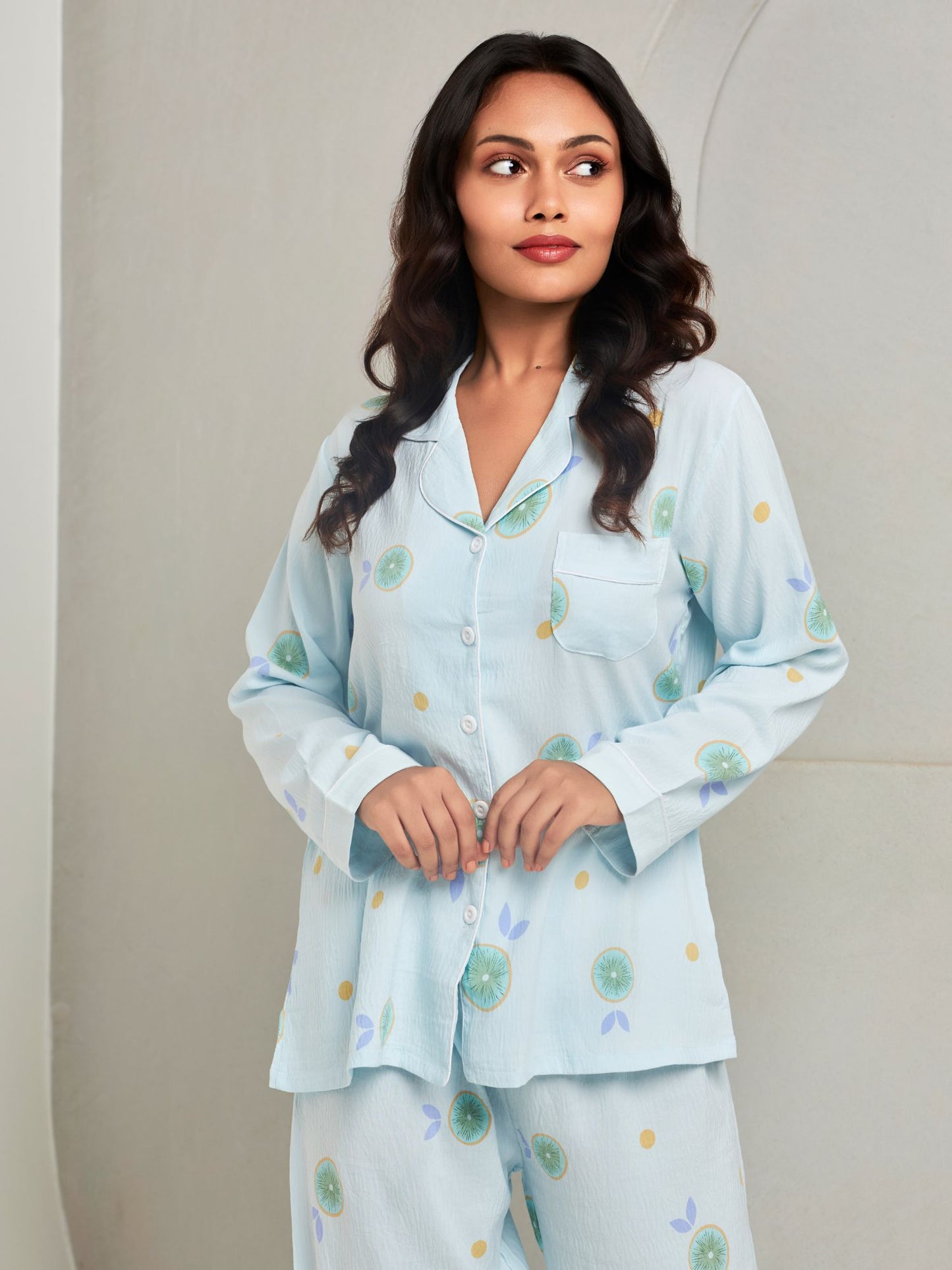 Blue Printed Full-Sleeves Loungewear Set For Women