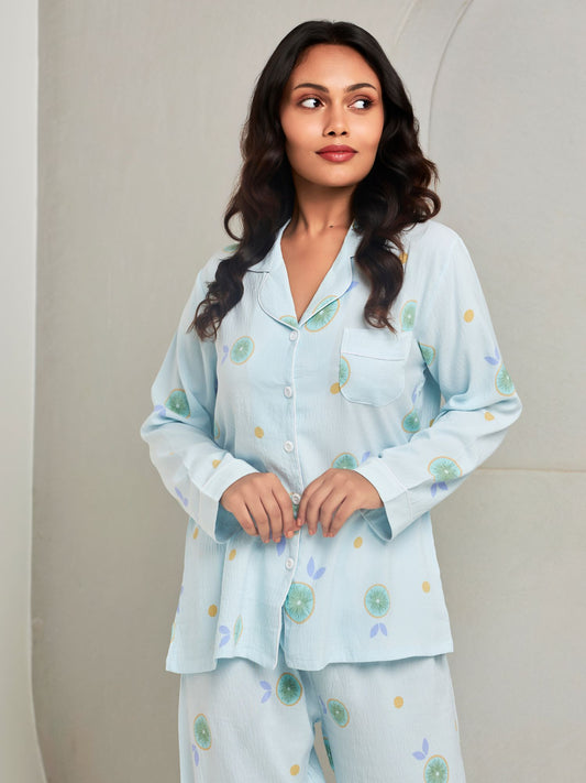 Blue Printed Full-Sleeves Loungewear Set For Women