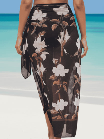 Black Floral Print Beach Cover-Up