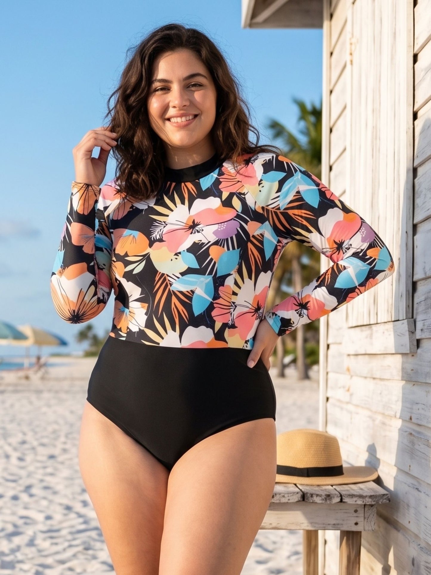 Tropical Floral Long Sleeve Rashguard Swimsuit