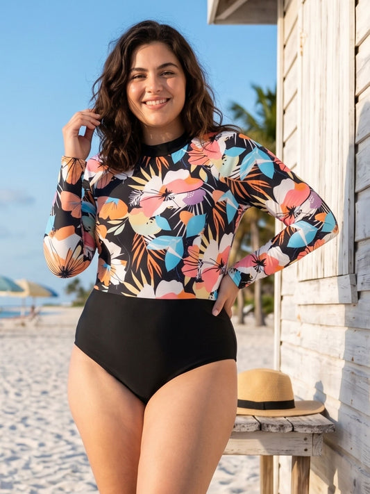 Tropical Floral Long Sleeve Rashguard Swimsuit