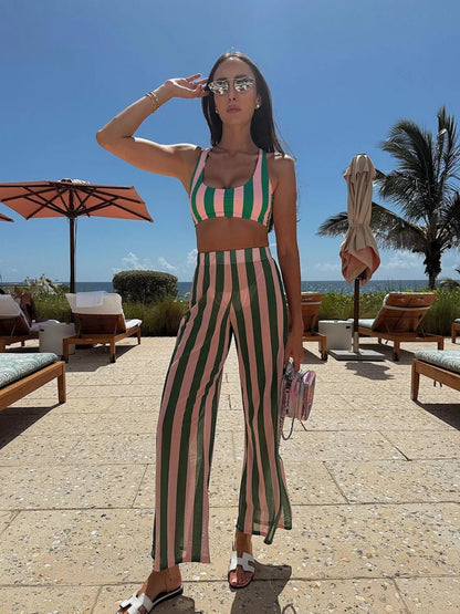 Palm Breeze Striped Bikini Set With Pants
